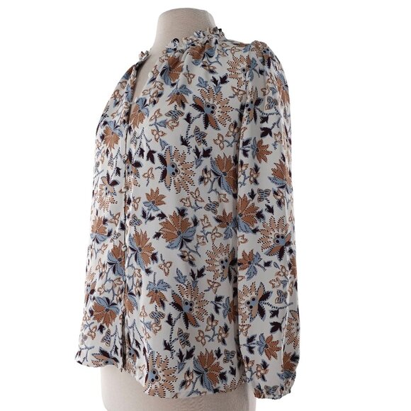 Ann Taylor XS High Neck Ruffle Long Sleeve Floral Blouse - Picture 2 of 7